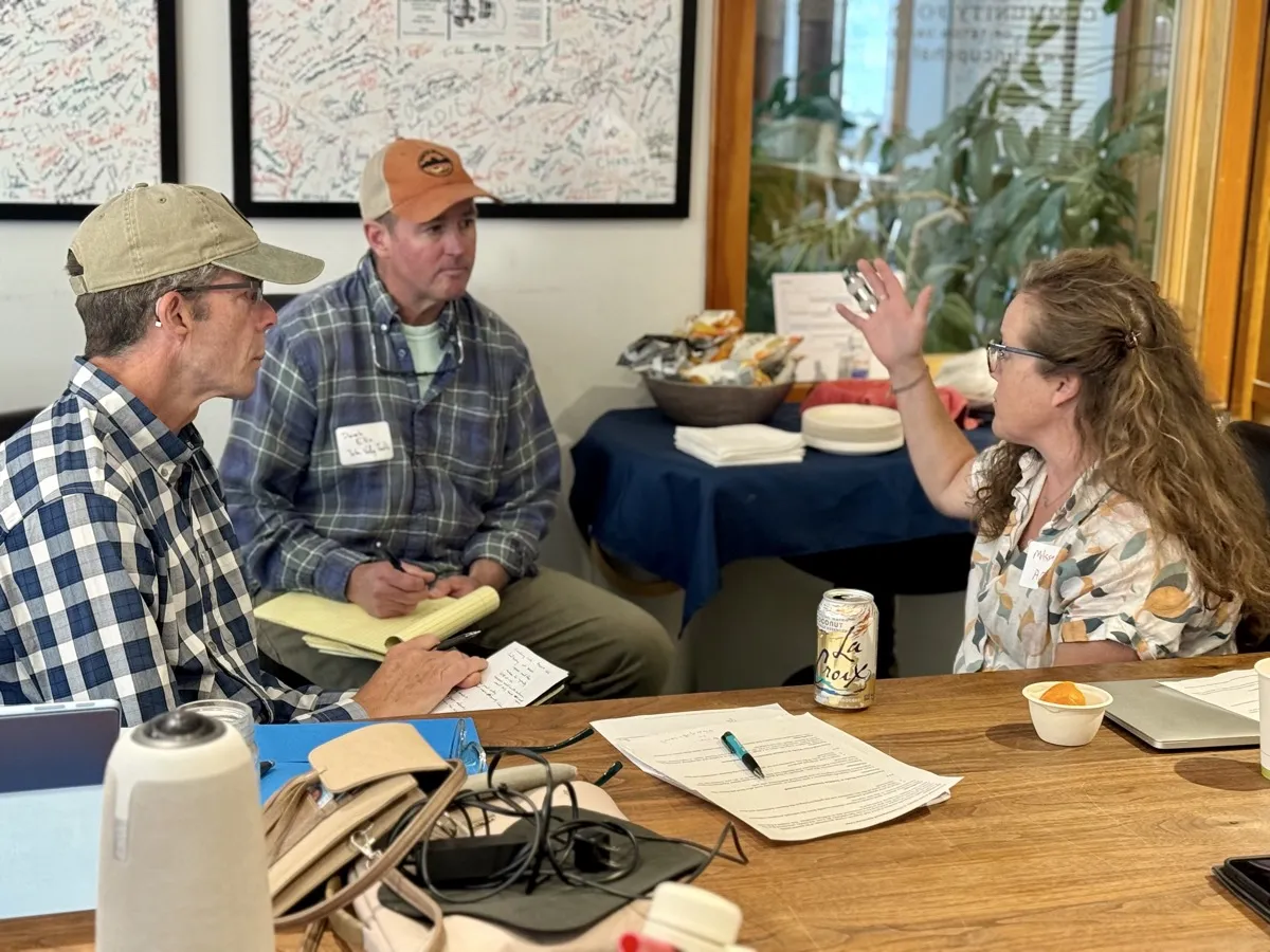 Three nonprofit leaders discussing strategy at a Community Foundation planning session