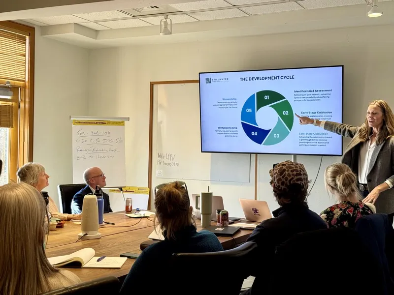 Workshop presenter explaining the nonprofit development cycle to attendees at the Community Foundation