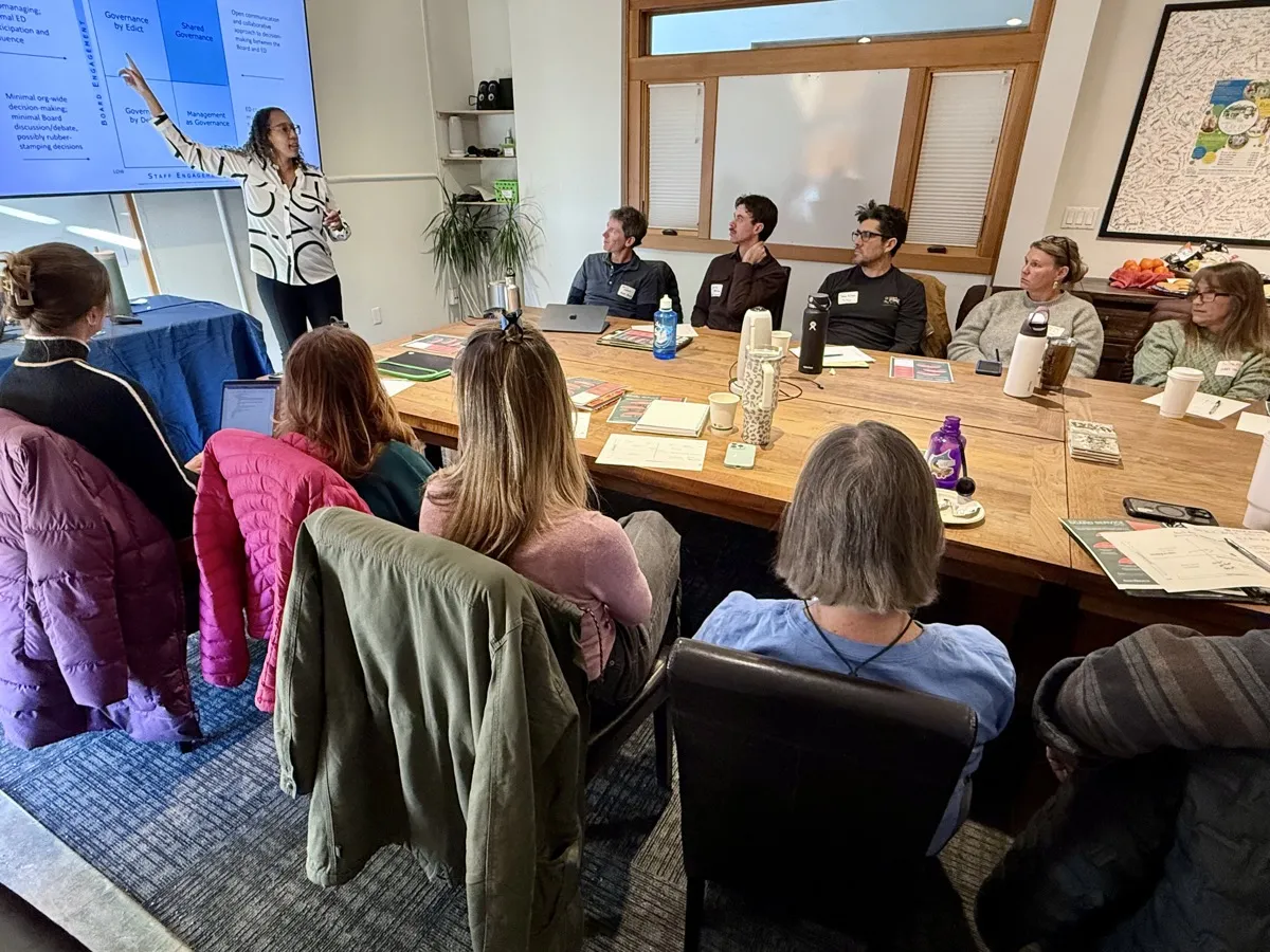 Presenter leading a workshop in the Community Foundation conference room with nonprofit attendees